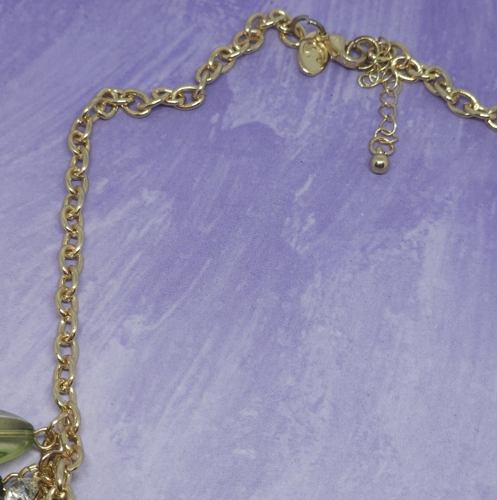 Gold Tone Fringe/ Bib Statment Necklace w/ Green Beads - Picture 5 of 5